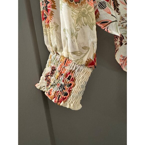 Oliveaceous Floral Print High Neck Tie Front Blouse With Smocked Cuffs & Long Ta - Picture 4 of 7